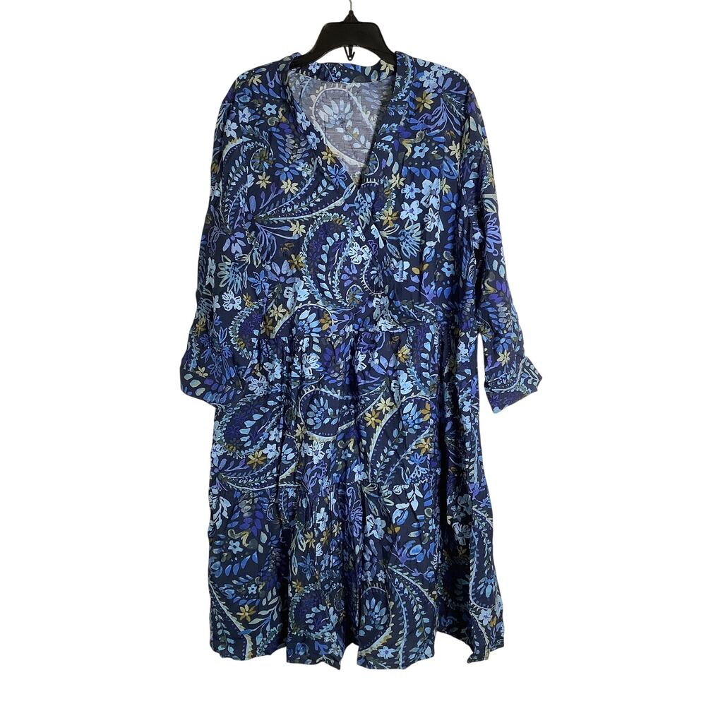 Tahari Women's Estimated XL Blue Paisley Floral Faux Wrap Midi Dress Boho P8-11